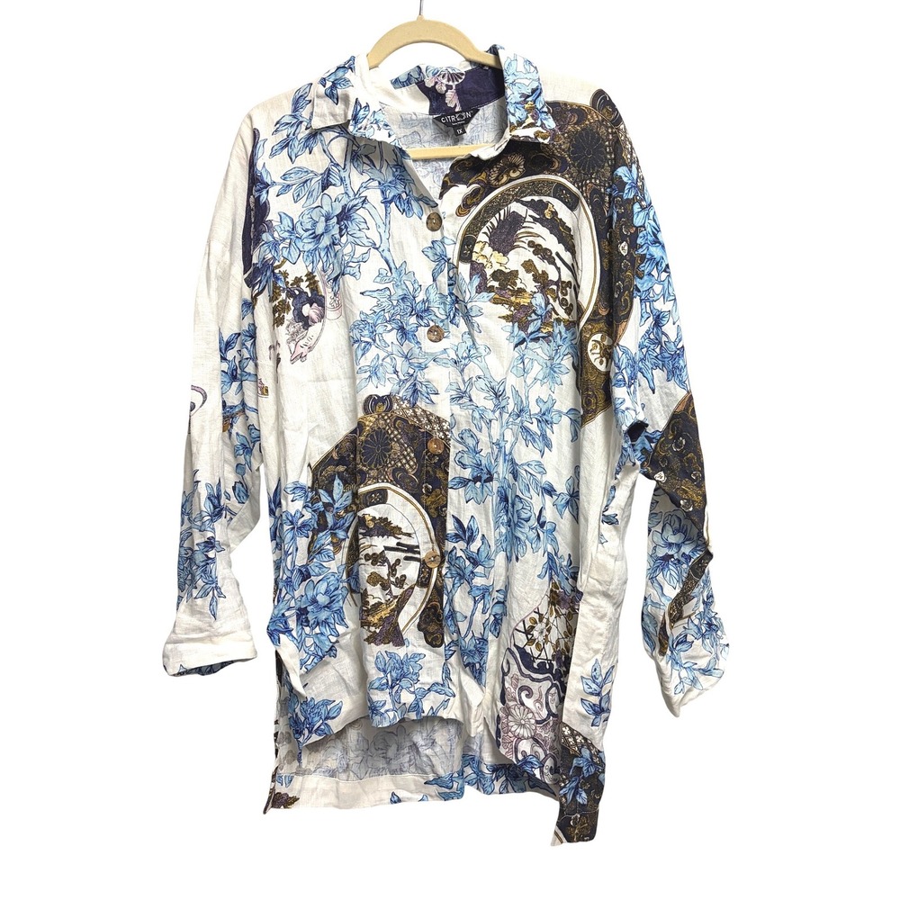 Citron Santa Monica Floral Crane Linen Button Down Shirt Blue Purple 1X